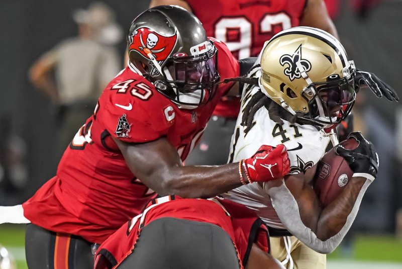 New Orleans Saints running back Alvin Kamara (R) is not among my Top 10 fantasy football options this week. File Photo by Steve Nesius/UPI | <a href="/News_Photos/lp/37d10424abb16005ec28358f5c107fd7/" target="_blank">License Photo</a>