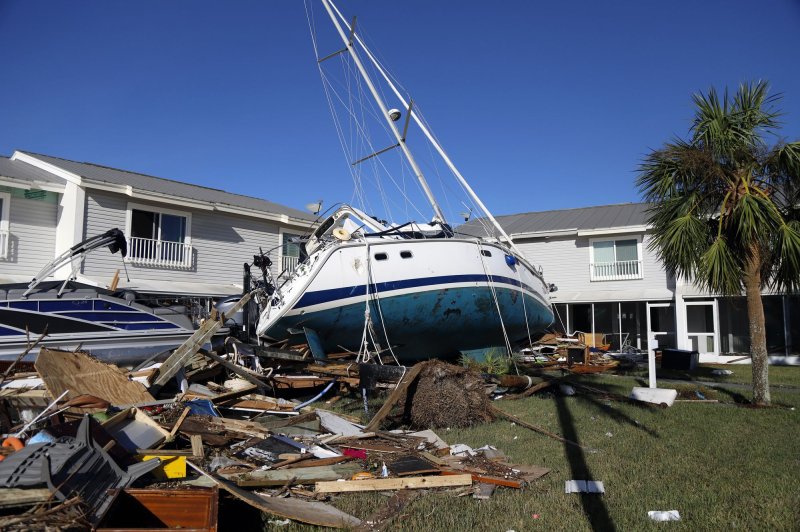 Boats are upended as Hurricane Ian damaged came ashore with 150-mph winds in Fort Myers, Fla., in September. File Photo by Thom Baur/UPI