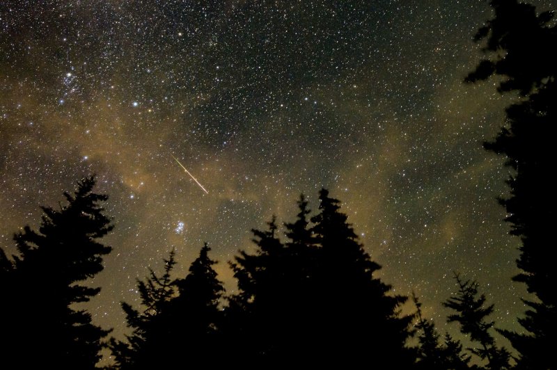 A meteor streaks across the sky during a meteor shower on August 11 in Spruce Knob, W.Va. There will be two more meteor showers visible in the sky before the end of 2021. File Photo by Bill Ingalls/NASA/UPI