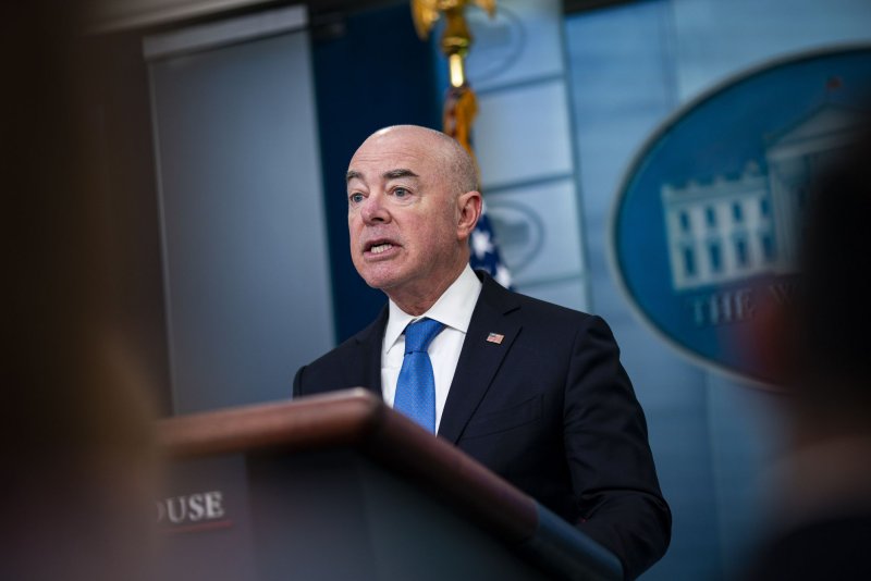 Homeland Security Secretary Alejandro Mayorkas speaks during a White House news conference on May 11. He announced an extension of temporary protected status designations for four countries on Tuesday. File Photo by Al Drago/UPI