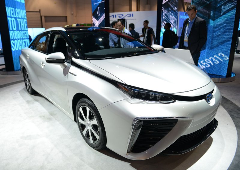 The Toyota Mirai fuel cell car is displayed at the 2015 International CES, a trade show of consumer electronics, in Las Vegas, Nevada, January 7, 2015. Photo by Molly Riley/UPI | <a href="/News_Photos/lp/76b8f84a388e02e345578044fcea1098/" target="_blank">License Photo</a>