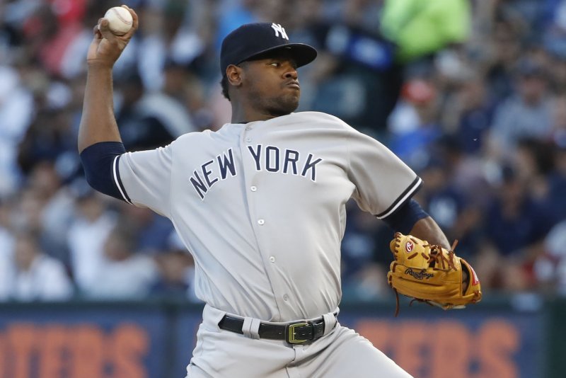 New York Yankees starting pitcher Luis Severino delivers a pitch against the Chicago White Sox in the first inning on August 8 at Guaranteed Rate Field in Chicago. Photo by Kamil Krzaczynski/UPI | <a href="/News_Photos/lp/082b1fa3c873c1b5f8a4b9cf3391c08b/" target="_blank">License Photo</a>