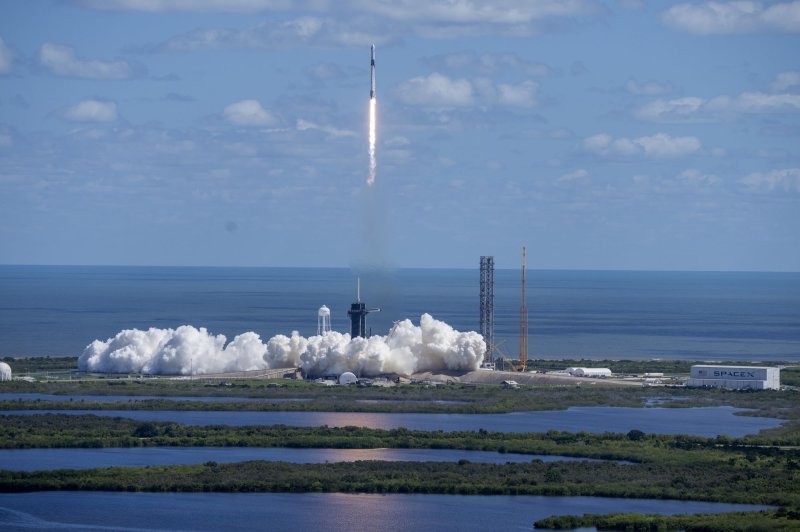 A SpaceX Falcon 9 rocket lifts off from Launchpad 39A with a Crew-5 Dragon capsule on top at the Kennedy Space Center in Florida on Wednesday. Photo by Pat Benic/UPI