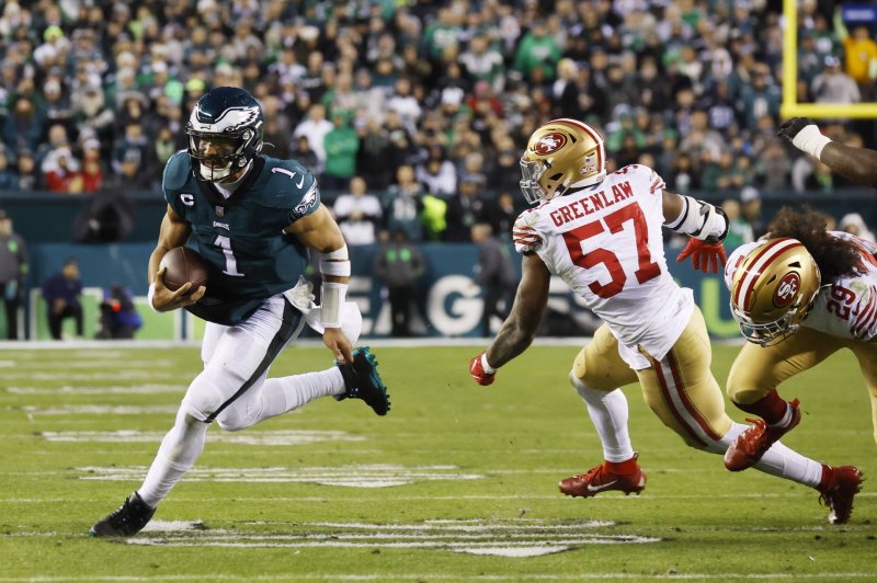 Philadelphia Eagles quarterback Jalen Hurts runs for a touchdown against the San Francisco 49ers in the third quarter of the NFC Championship game Sunday at Lincoln Financial Field in Philadelphia. Photo by John Angelillo/UPI
