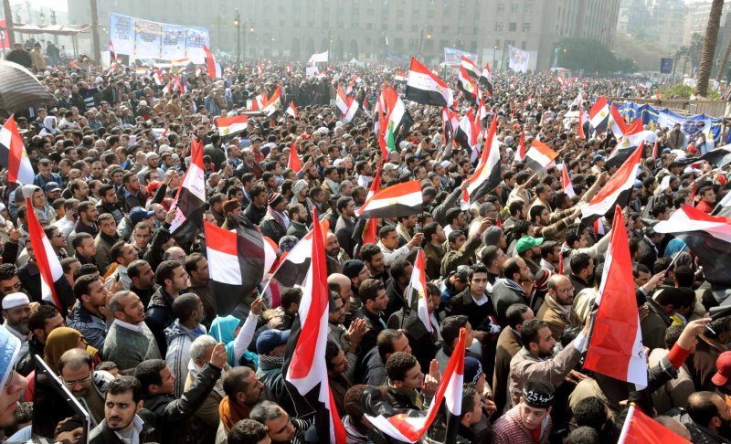 Egyptians gather in Tahrir Square to mark the one year anniversary of the uprising that ousted President Hosni Mubarak in Cairo, Egypt, Wednesday, January. 25, 2012. Tens of thousands of Egyptians rallied Wednesday to mark the first anniversary of the country's 2011 uprising, with liberals and Islamists gathering on different sides of Cairo's Tahrir Square .UPI/Ahmed Gomaa