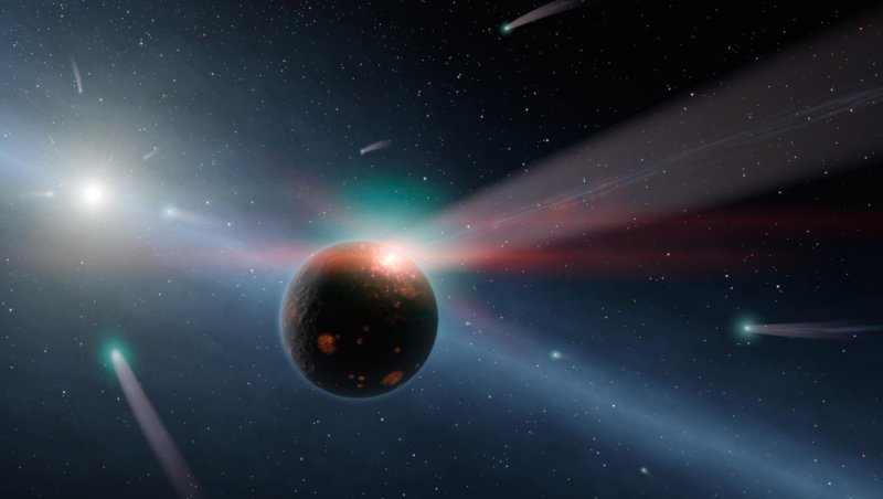 This artist's conception illustrates a storm of comets around a star called Eta Corvi. NASA's Spitzer Space Telescope's infrared detectors picked up indications that one or more comets was recently torn to shreds after colliding with a rocky body. (File/UPI/NASA/JPL-Caltech)