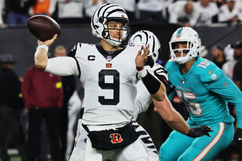 Cincinnati Bengals quarterback Joe Burrow throws while under pressure from the Miami Dolphins defense Thursday at Paycor Stadium in Cincinnati. Photo by John Sommers II/UPI | <a href="/News_Photos/lp/5228567ec2f1641e168824dde1395a8e/" target="_blank">License Photo</a>