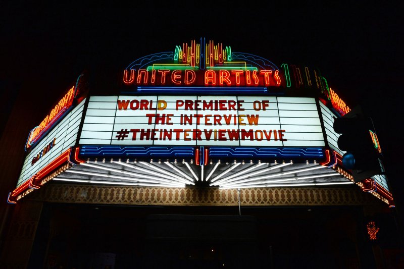 The marque outside The Theatre at Ace Hotel before the premiere of the motion picture comedy "The Interview" in Los Angeles on Dec. 11. The film, starring actors Seth Rogen and James Franco, is a comedy about a CIA plot to assassinate its leader Kim Jong-Un, played by Randall Park. North Korea proposed a joint investigation with the United States into the cyberattack on Sony Pictures. Photo by Jim Ruymen/UPI