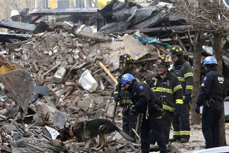 Members of the FDNY and NYPD stand near a search dog who stands on a pile of rubble from 2 collapsed buildings at 116th St and Park Avenue in New York City on March 13, 2014. At least 7 people were killed and several others injured when a gas leak caused an explosion that leveled two Manhattan buildings on March 12 2014. UPI/John Angelillo