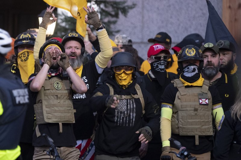 The New Zealand government has designated the Proud Boys a terrorist organization over its involvement in the attack on the U.S. Capitol on Jan. 6, 2021. File Photo by Kevin Dietsch/UPI | <a href="/News_Photos/lp/41ae6e1038cbddb3cf7c1ce8bd72a044/" target="_blank">License Photo</a>