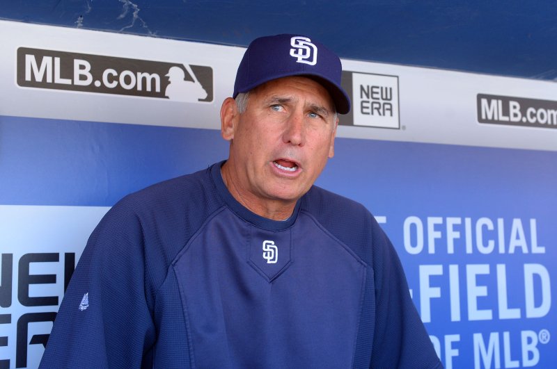Former San Diego Padres manager Bud Black speaks with reporters prior to the Los Angeles Dodgers opener against the San Diego Padres at Dodgers Stadium in Los Angeles on April 6, 2015. Photo by Jim Ruymen/UPI