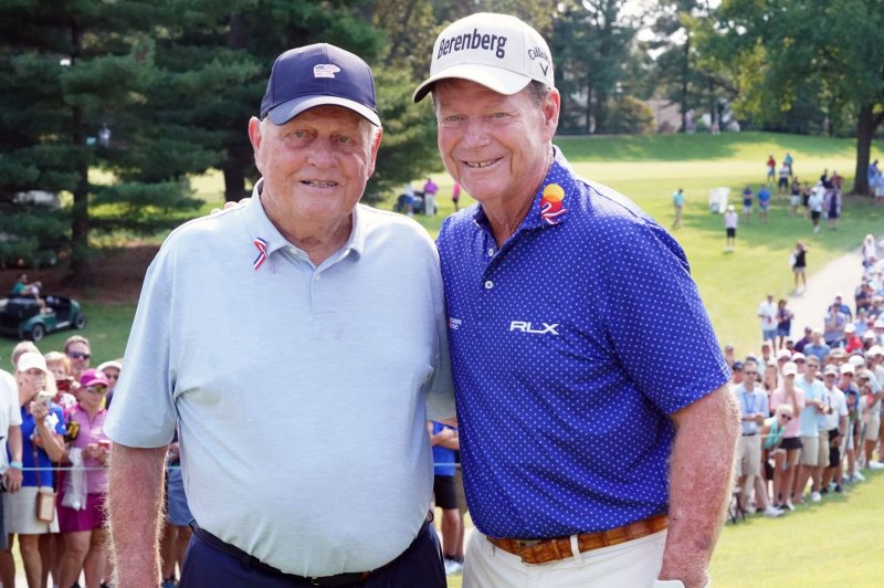 Jack Nicklaus (L) will be joined by fellow golf greats Tom Watson (R) and Gary Player as honorary starters at the 2022 Masters in April in Augusta, Ga. File Photo by Bill Greenblatt/UPI