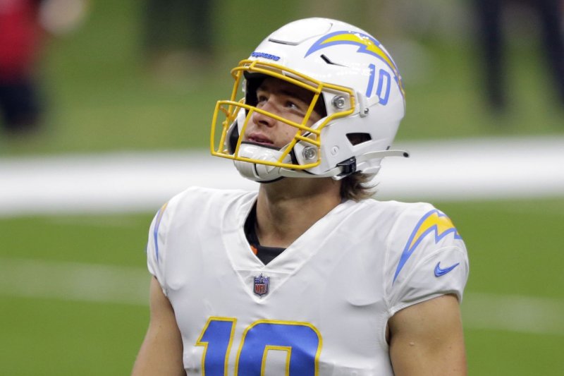 Los Angeles Chargers quarterback Justin Herbert tied the NFL rookie record for touchdown passes in a season (27) with two passing scores in a win over the Las Vegas Raiders on Thursday in Paradise, Nev. File Photo by AJ Sisco/UPI