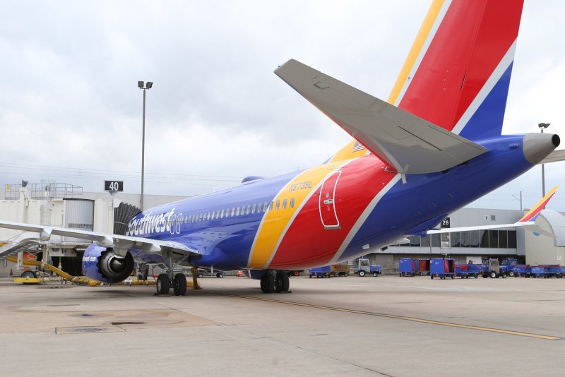 A Southwest Airlines Boeing 737 Max is seen parked at a gate at St. Louis-Lambert International Airport in St. Louis, Mo., on March 13, 2019, shortly after all 737 Max airliners were grounded in the United States. File Photo by Bill Greenblatt/UPI