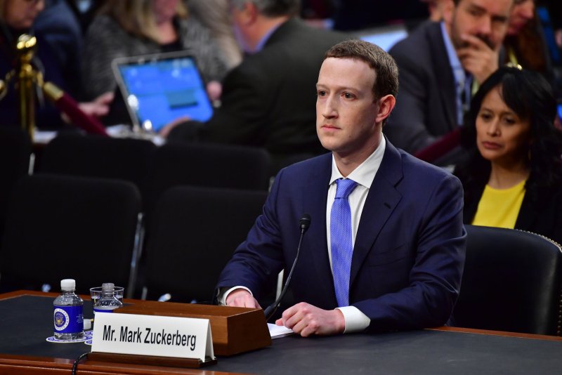 Facebook CEO Mark Zuckerberg testifies at a Senate hearing April 10 on social media privacy and the use -- and abuse -- of data. Photo by Kevin Dietsch/UPI