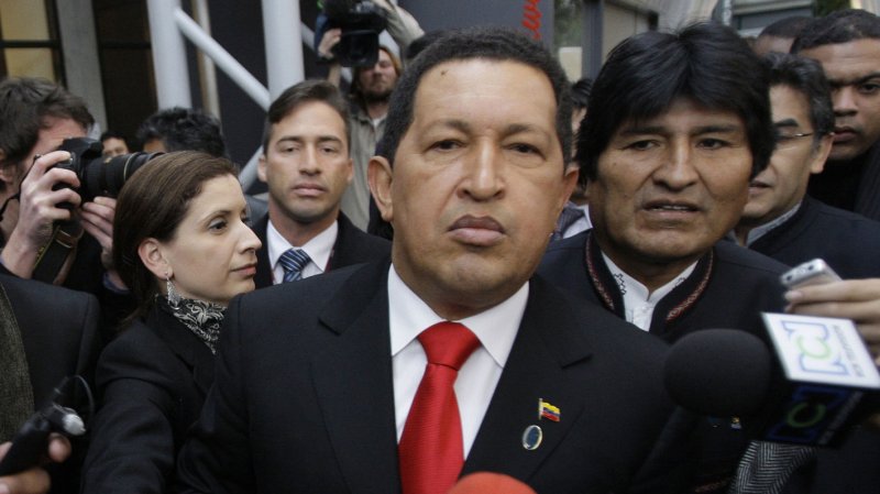 Venezuela's President Hugo Chavez talks to the media next to Bolivian President Evo Morales (R) as they arrive at a plenary session of the United Nations Climate Change Conference in Copenhagen, Denmark, on December 18, 2009. UPI/Anatoli Zhdanov