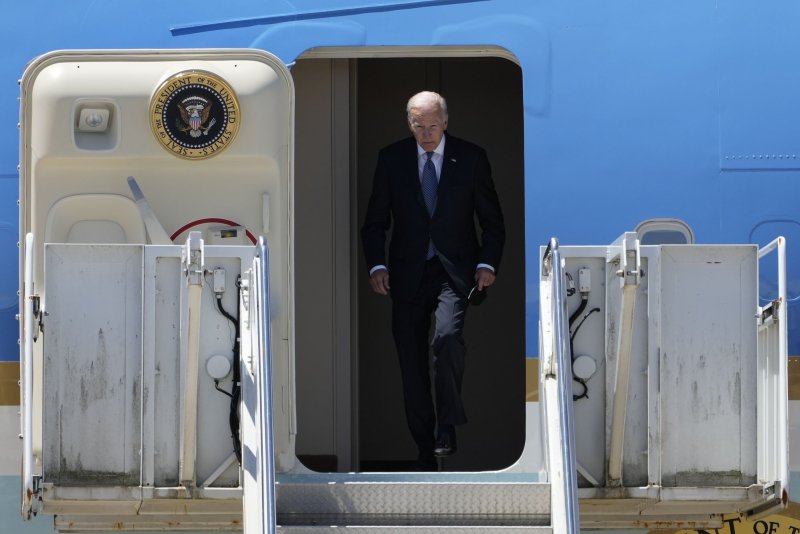 U.S. President Joe Biden arrives at Torrejon Airbase outside Madrid, Spain, on Tuesday ahead of a NATO summit on Wednesday. Photo by Paul Hanna/UPI | <a href="/News_Photos/lp/10b319db319414be768a0a6124767571/" target="_blank">License Photo</a>