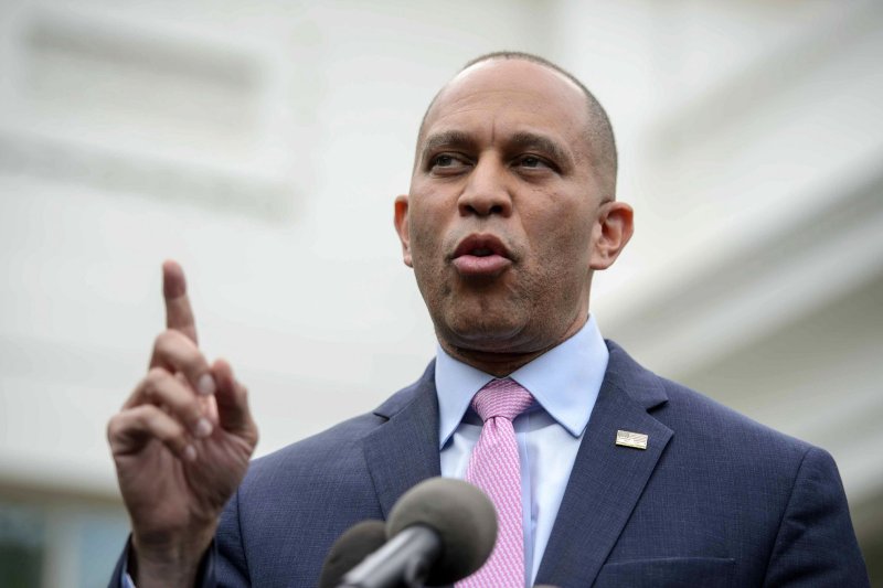 House Minority Leader Hakeem Jeffries, D-N.Y., speaks to reporters outside the Oval Office on Tuesday following debt ceiling negotiations with President Joe Biden at the White House in Washington, D.C. Jeffries is urging Democrats to sign a discharge petition that would force a vote on the debt ceiling if current negotiations fail. Photo by Bonnie Cash/UPI