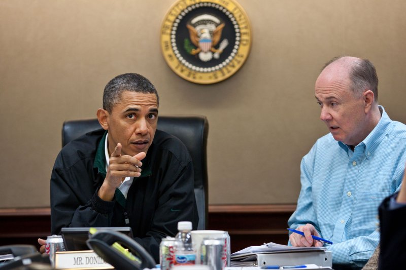 President Barack Obama makes a point during one in a series of meetings in the Situation Room of the White House discussing the mission against Osama bin Laden, May 1, 2011. National Security Advisor Tom Donilon is pictured at right. UPI/Pete Souza/White House