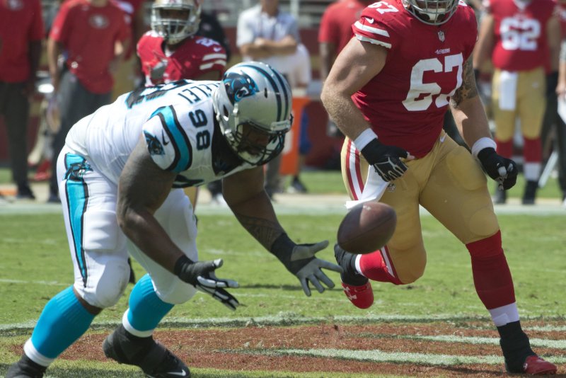 Carolina Panthers' Star Lotulelei (98) zeros in on a fumble by San Francisco 49ers QB Brian Hoyer in the first quarter Sunday at Levi's Stadium in Santa Clara, Calif. Photo by Terry Schmitt/UPI