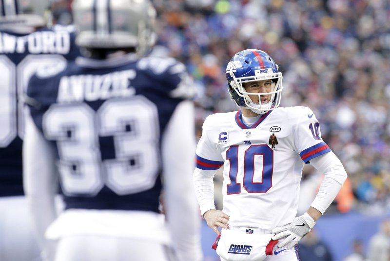 New York Giants quarterback Eli Manning stands on the field in the first half against the Dallas Cowboys in Week 14 of the NFL season on December 10 at MetLife Stadium in East Rutherford, N.J. Photo by John Angelillo/UPI | <a href="/News_Photos/lp/7475656d844f6b855221c97a0f6cc8d8/" target="_blank">License Photo</a>