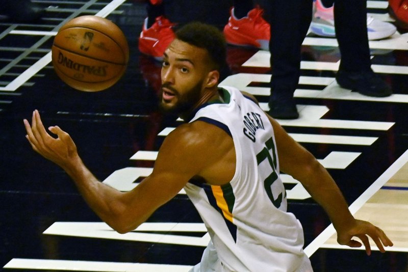 Utah Jazz center Rudy Gobert, shown June 12, 2021, was fined $35,000 for initiating the on-court altercation during Thursday's game against the Indiana Pacers. File Photo by Jim Ruymen/UPI | <a href="/News_Photos/lp/e7c84c5762fe445e61f023e46a2b506d/" target="_blank">License Photo</a>