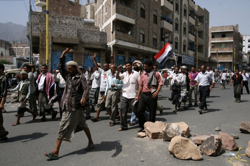 Tribesmen celebrate in Yemen's second-largest city Taez (Taiz), a flashpoint of anti-regime demonstrations south of the capital Sanaa, on June 5, 2011, as hundreds of people took to the streets to celebrate the departure of long term President Ali Abdullah Saleh, wounded in a blast June 3, and who left for treatment in Saudi Arabia. UPI\Mohammad Abdullah
