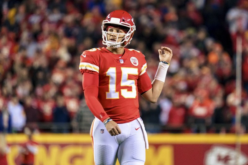 Kansas City Chiefs quarterback Patrick Mahomes totaled two touchdown passes in a win over the Los Angeles Chargers on Thursday in Kansas City, Mo. File Photo by Kyle Rivas/UPI | <a href="/News_Photos/lp/1b00bb0022b9858183c9ecaef0ce9cc1/" target="_blank">License Photo</a>