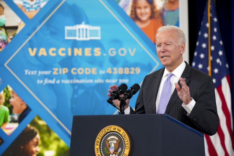 President Biden delivers remarks on the authorization of the COVID-19 vaccine for kids ages five to eleven years old on Wednesday. On Saturday, the Biden administration saw a set-back on its plans to get tens of millions of workers vaccinated against COVID-19. Photo by Leigh Vogel/UPI