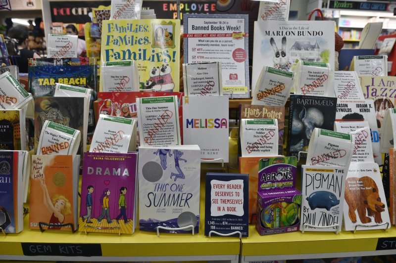 A banned books display is seen at Vroman's Bookstore in Pasadena, Calif., last year. File Photo by Jim Ruymen/UPI