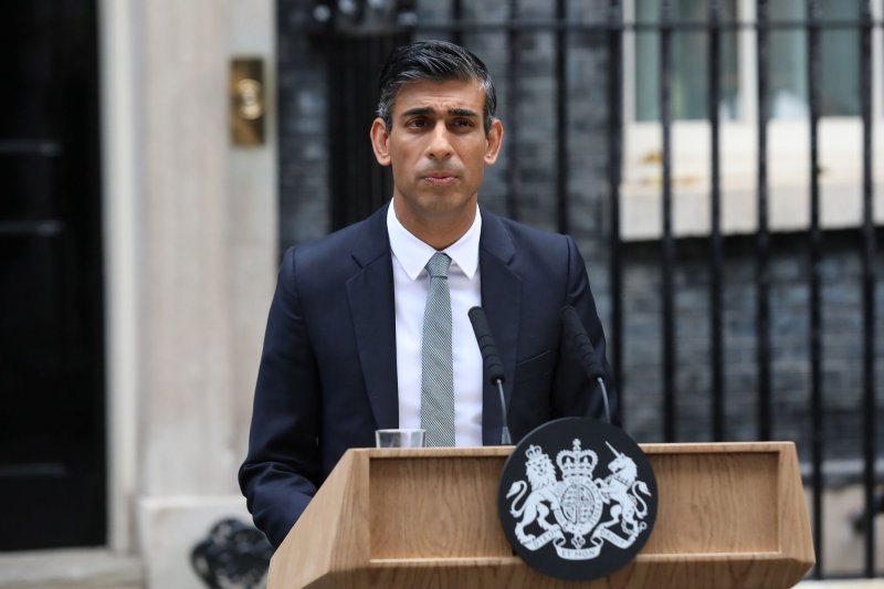 The new British Prime Minister Rishi Sunak makes a statement at No.10 Downing Street on Tuesday. He said a fiscal plan for the country will be presented next month. Photo by Hugo Philpott/UPI