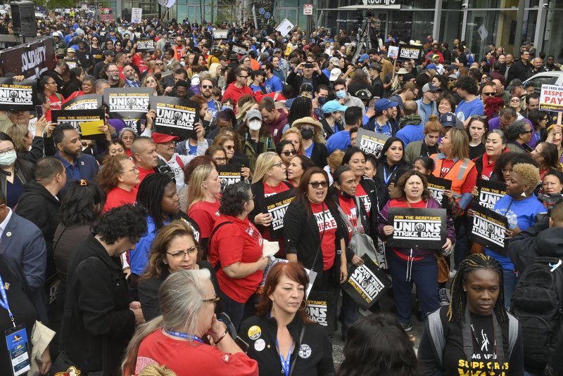 A multi-union rally in support of striking Writers Guild of America members drew thousands to downtown Los Angeles Friday as the strike wrapped its fourth week. Photo by Jim Ruymen/UPI