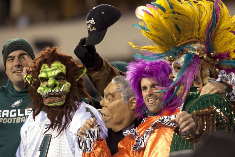 Philadelphia Eagles fans dressed for Halloween costumes cheer on the Eagles during 4th quarter Dallas Cowboys-Philadelphia Eagles game action at Lincoln Financial Field October 30, 2011. UPI/John Anderson