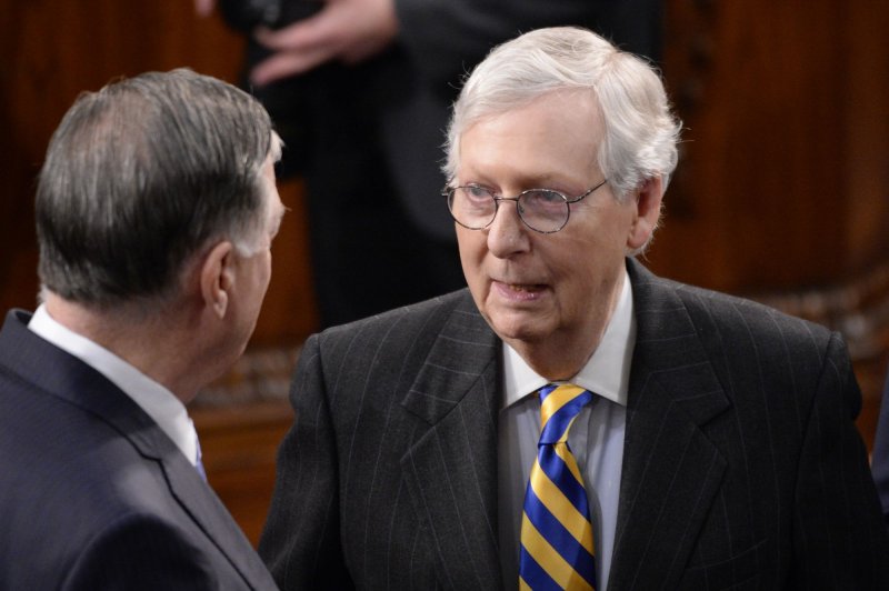 Senior Senator from Kentucky Mitch McConnell,R-Ky., was released from a physical rehab facility on Saturday after suffering a concussion from a fall. File photo by Bonnie Cash/UPI
