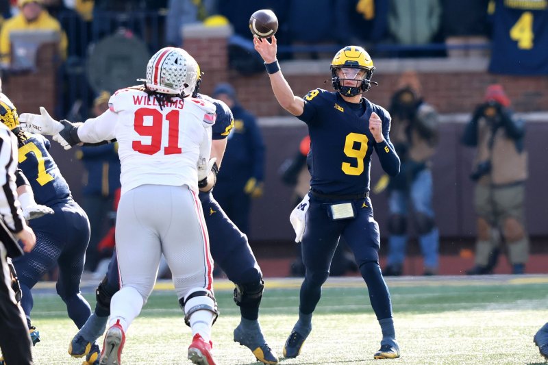 Michigan Wolverines quarterback J.J. McCarthy (9) throws a pass against the Ohio State Buckeyes on Saturday in Ann Arbor, Mich. Photo by Aaron Josefczyk/UPI
