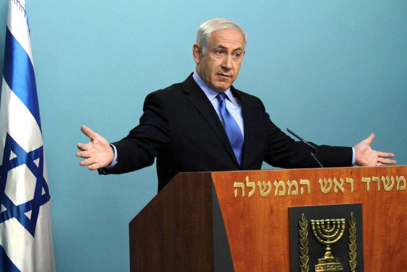 Israeli Prime Minister Benjamin Netanyahu speaks on the release of abducted Israeli soldier, Gilad Shalit, in his Jerusalem office on July 1, 2010. Netanyahu presented his government's stance for Shalit's release and said it would not be 'at any price.' Shalit was abducted in a cross border raid by Hamas militants and has been held inside the Gaza Strip for four years. UPI/Jim Hollander/Pool
