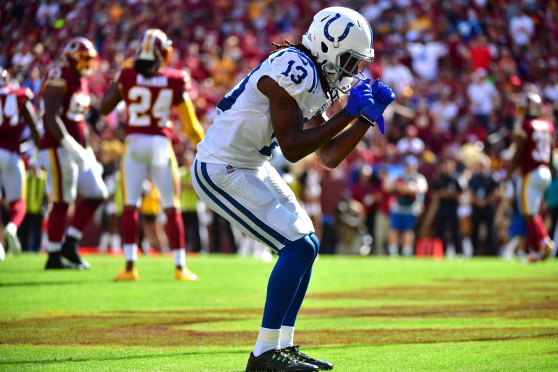 Indianapolis Colts wide receiver T.Y. Hilton (13) celebrates after bringing in a 3-yard touchdown against the Washington Redskins in the fourth quarter on Sunday at FedEx Field in Landover, Md. Photo by Kevin Dietsch/UPI