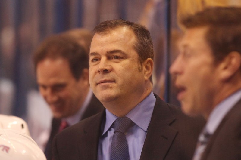 Philadelphia Flyers head coach Alain Vigneault, shown Feb. 25, 2016, was in the third season of a five-year contract that paid him $5 million annually. File Photo by Bill Greenblatt/UPI