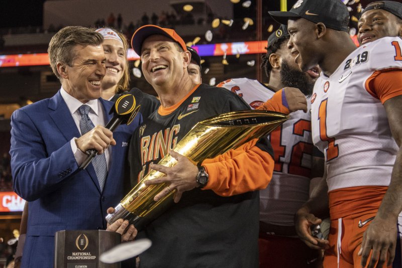 Clemson Tiger head coach Dabo Swinney leads one of the highest-paid coaching staffs in college football. Two of the Tigers' assistant coaches had their salaries elevated to $1 million Friday. Photo by Ken Levine/UPI