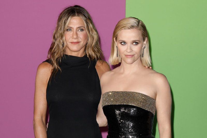 Jennifer Aniston (L), Reese Witherspoon and "The Morning Show" cast and crew completed filming Season 3 of the Apple TV+ series. File Photo by Peter Foley/UPI