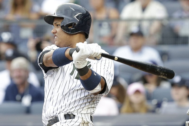 New York Yankees Starlin Castro hits a single in the 6th inning against the Oakland Athletics at Yankee Stadium in New York City on May 27, 2017. File photo by John Angelillo/UPI