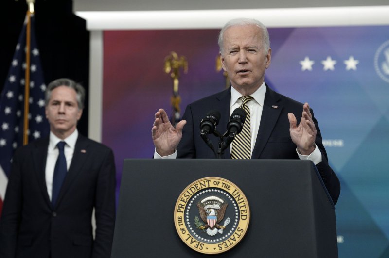 U.S. President Joe Biden delivers remarks next to Secretary of State Antony Blinken on economic assistance to Ukraine in the South Court Auditorium at the White House in Washington on March 16. Photo by Yuri Gripas/UPI