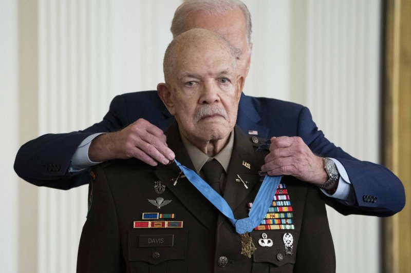 President Joe Biden on Friday awarded the Medal of Honor to retired U.S. Army Col. Paris Davis, a Green Beret during the Vietnam War. Photo by Bonnie Cash/UPI