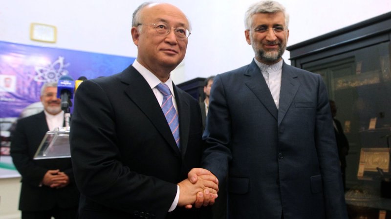Iran's chief nuclear negotiator Saeed Jalili ( R) greets UN nuclear chief Yukiya Amano (L) during their official meeting on May 21, 2012 in Tehran, Iran. Amano's visit comes two days ahead of Tehran's meeting on Wednesday in Baghdad with a group of world powers, to discuss concerns over Iran's suspected nuclear weapons drive. UPI/Fars News /Hamed Jafarnejad