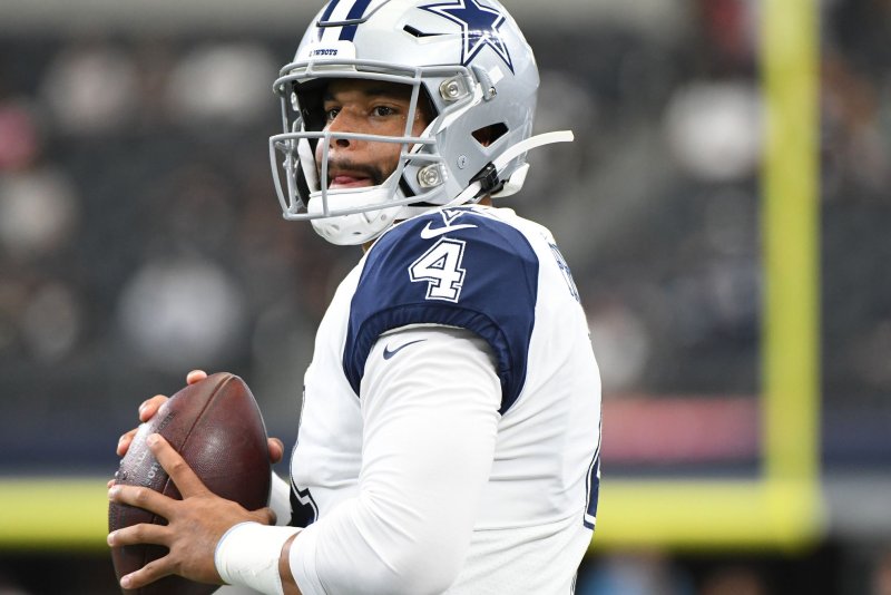 Dallas Cowboys quarterback Dak Prescott completed 62.9 percent of his throws for 257 yards, three scores and an interception in a win against the New York Giants Monday in East Rutherford, N.J. Photo by Ian Halperin/UPI