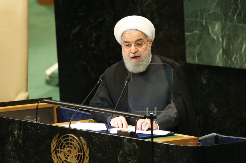 Iran's President Hassan Rouhani speaks at the&nbsp; United Nations General Assembly in September. File Photo by Monika Graff/UPI
