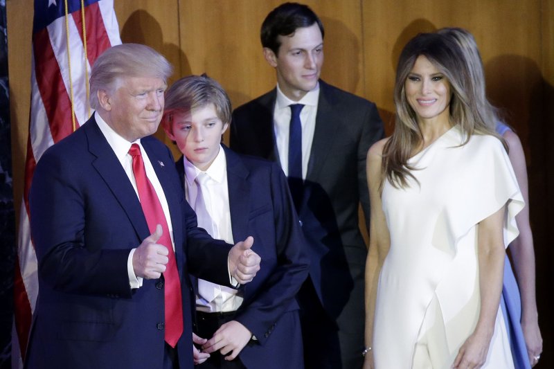 President-elect Donald Trump arrives with his family to make his acceptance speech at the New York Hilton Midtown on November 8, 2016, in New York City. File Photo by John Angelillo/UPI