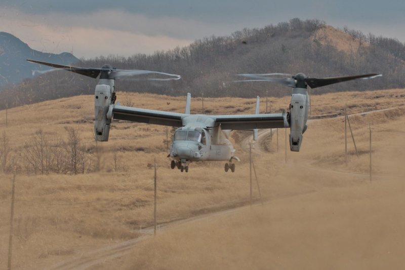 U.S. Marines' MV-22 Osprey takes part in the joint exercise "Iron Fist 23" with Japan Ground Self-Defense Force at Hijyudai Maneuver Area in Oita-Prefecture, Japan on February 18, 2023. File Photo by Keizo Mori/UPI