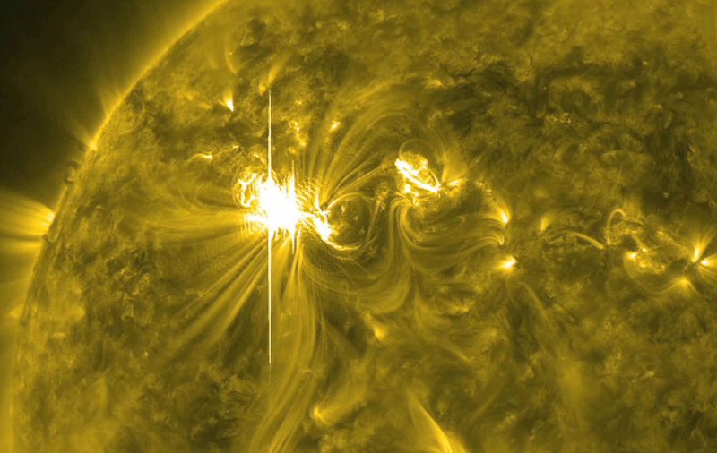 The sun erupted with one of the largest solar flares of this solar cycle on March 6, 2012. This flare was categorized as an X5.4, making it the second largest flare -- after an X6.9 on August 9, 2011. The current increase in the number of X-class flares is part of the sunÕs normal 11-year solar cycle, during which activity on the sun ramps up to solar maximum, which is expected to peak in late 2013. The solar storm is now hitting Earth and may cause disruptions to satellites, communications and power grids. UPI/NASA/SDO/AIA..