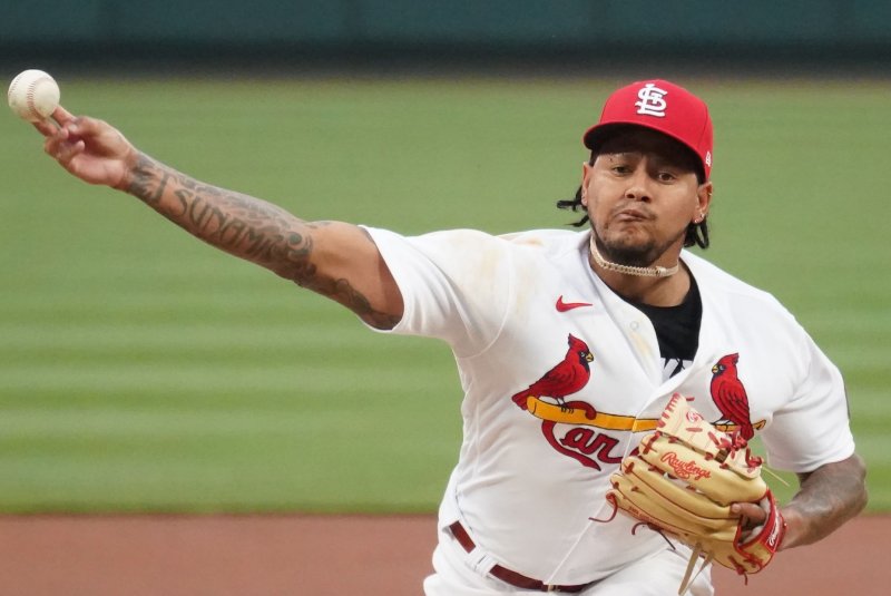 St. Louis Cardinals starting pitcher Carlos Martinez delivers a pitch to the Philadelphia Phillies in the first inning Tuesday at Busch Stadium in St. Louis. Photo by Bill Greenblatt/UPI